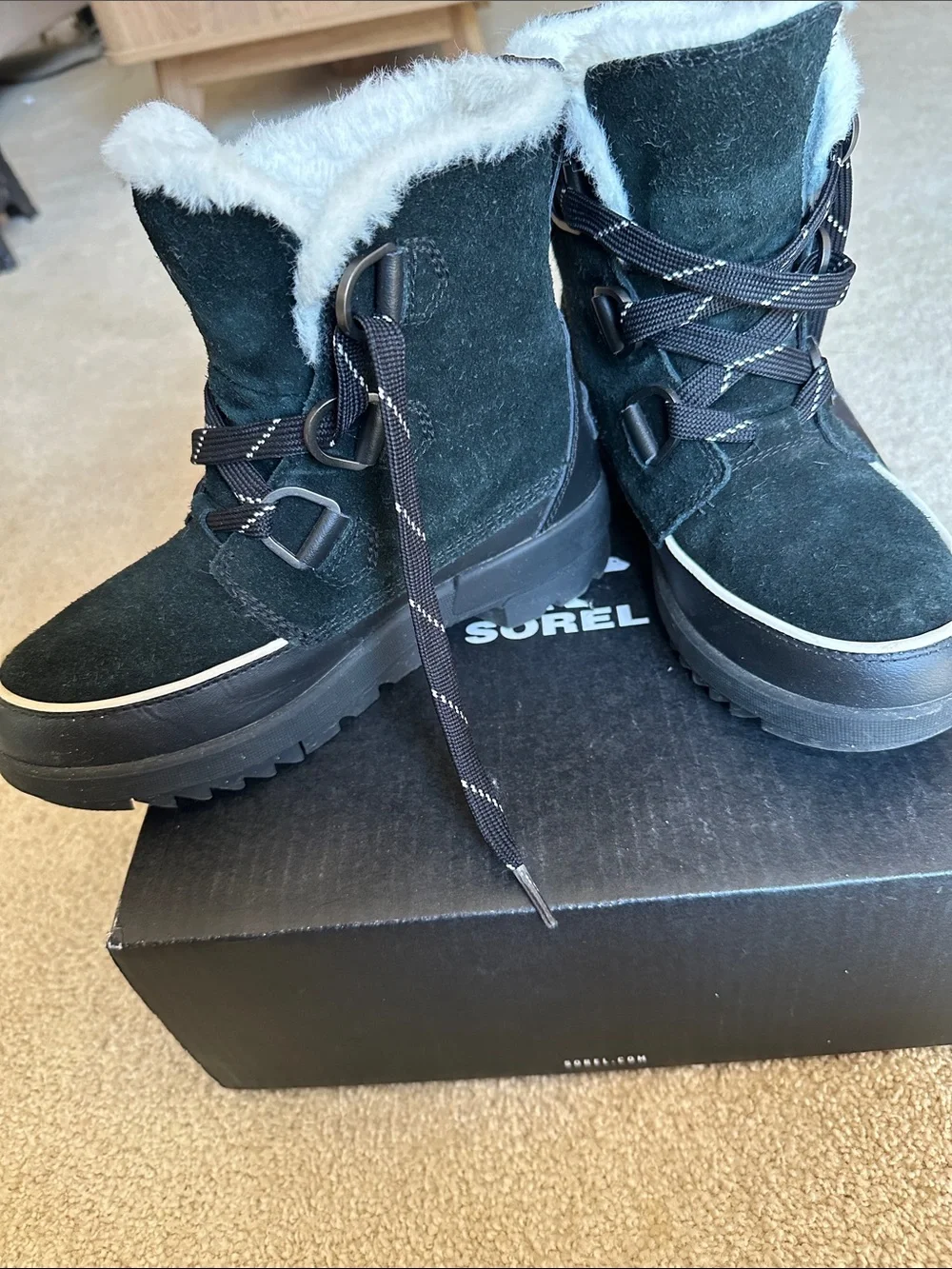 Sorel Black Waterproof Suede Winter Boot with White Faux Fur Collar